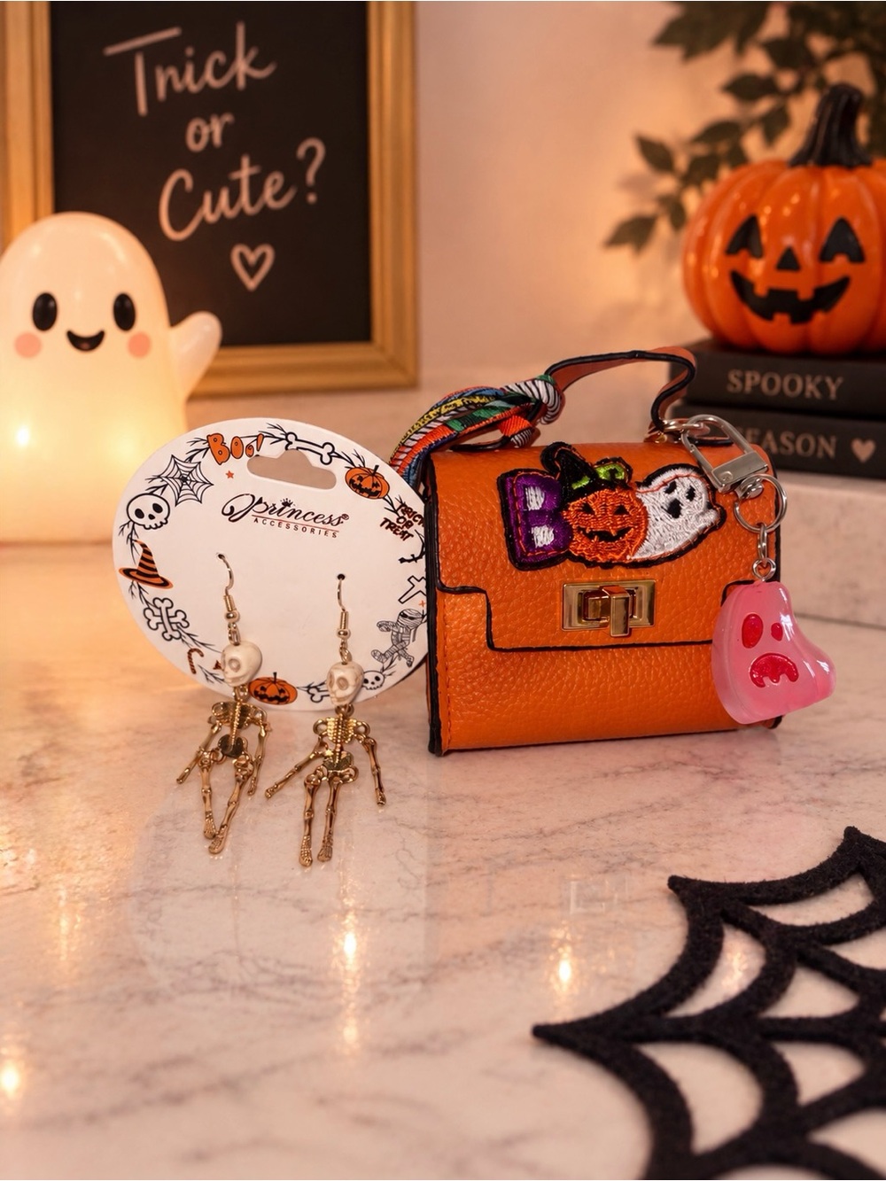 Mini Bag Keychain w/Halloween Patch, Glow in the Dark Pumpkin Charm & Earrings